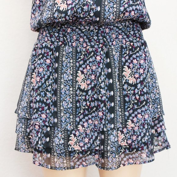 PAIGE 100% Silk Olympia Dark Ink Blue/Bouquet Tiered Ruffle Mini Dress M $298 - Picture 9 of 16